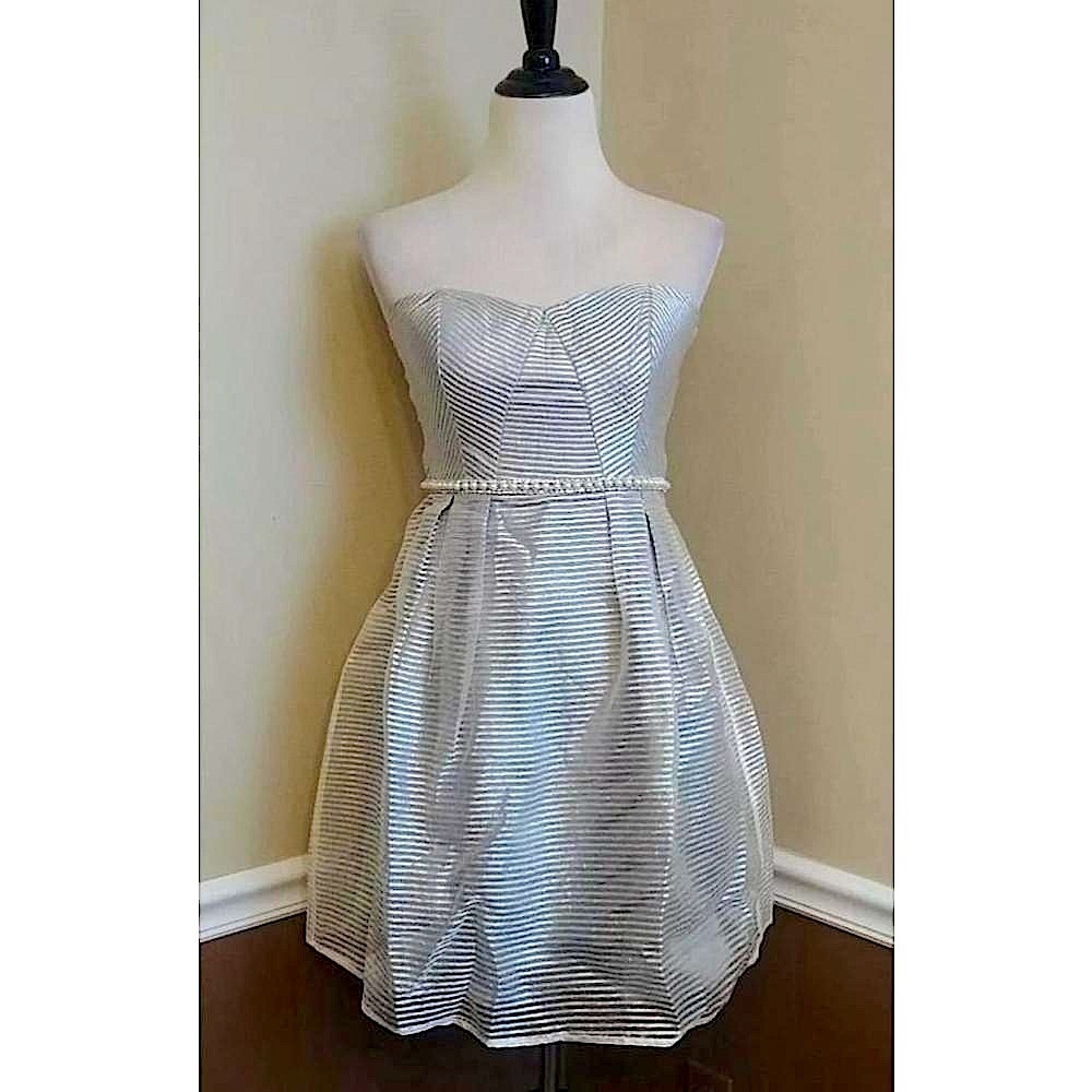 Strapless Silver Gray Striped Metallic Party Modcloth Dress Minuet Coquette Girl
